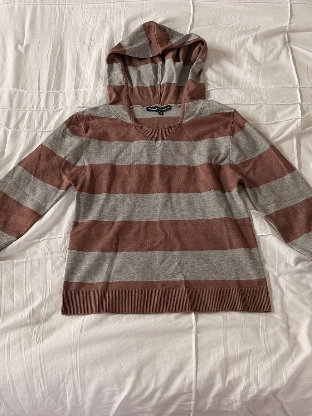 BNWOT Striped V-Neck Hooded Sweater in Brown and Light Gray from PAC Sun